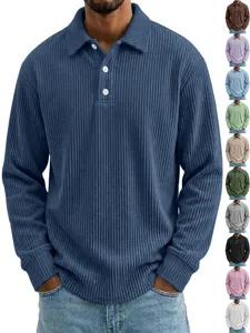 Men's Corduroy Long Sleeve Polo Shirt Vintage Loose Fit Polyester Lapel Button Down Washed Casual Solid Color Autumn Top