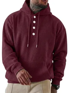Herren Kord Langarm Hoodie mit Kordelzug und Knopfleiste, stylische Freizeitbekleidung.