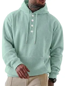 Herren Cord Hoodie Langarm Kordelzug Pullover Casual Knopf Sweatshirt mit Taschen