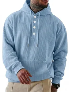 Herren Kordsamt Langarm Kapuzenpullover Lässiger Tunnelzug Hoodie Blau Pullover Top