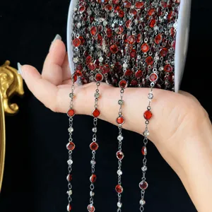 DIY Copper Chain Red Glass Rhinestone Handcrafted Chain Hanfu Necklace Beading Material Jewelry Accessory