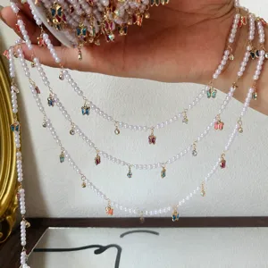 DIY pearl chain trim with colorful crystal butterfly charms for lolita fashion crafts detail