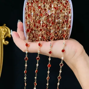 DIY 6mm red rhinestone chain gold metal craft trim for handmade Hanfu necklace jewelry making