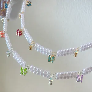 DIY Copper Chain Pearl Colorful Rhinestone Butterfly Pendants Trim For Hanfu Lolita Costume Craft Jewelry Making