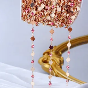 Copper diamond-shaped chain with pink crystals for DIY handmade crafts and hair accessories.