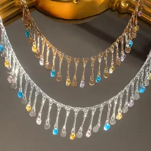 DIY chaîne frange zircon multicolore matériel de fabrication bijoux collier dentelle cuivre détail.