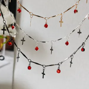 Catena croce accessorio gioiello DIY bastone piatto pendente strass rosso nappa