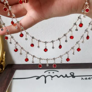 DIY multi-layer tassel chain necklace with red crystal rhinestones, perfect for jewelry making.