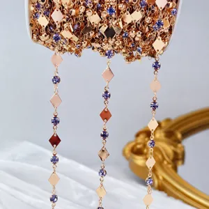 Gold diamond-shaped piece chain detail shot, featuring purple rhinestone accents for DIY crafts.