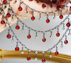 DIY red crystal rhinestone tassel chain gunblack metal handmade jewelry making craft supply detail