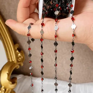 Catena in metallo a rombi DIY con strass rossi e rame nero per accessori capelli sposa.