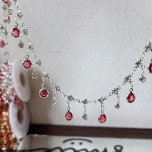 Pink glass rhinestone chain DIY jewelry accessory with three-claw drop fringe copper style.