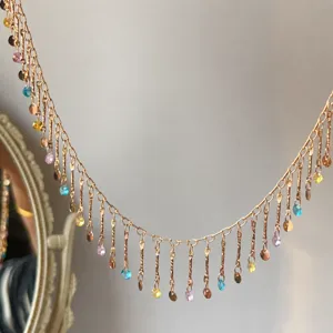 Chaîne à pampilles en métal doré DIY avec des zirconias colorés pour bijoux de vêtements.