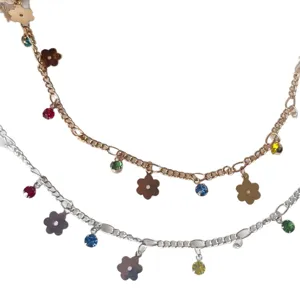 DIY jewelry metal chain with colorful rhinestones and flower charms for bracelet and necklace making.