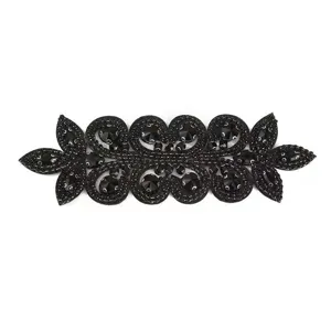 Black rhinestone crystal beaded applique patch for DIY garment evening dress decoration.