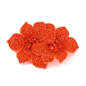Orange rhinestone shoe flower detail, sparkly crystal floral embellishment for DIY apparel crafts.