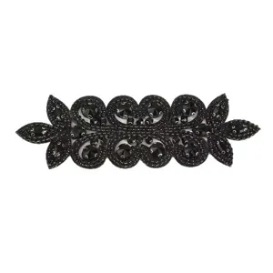 Black crystal rhinestone applique patch, intricate floral design for DIY garment accessories.