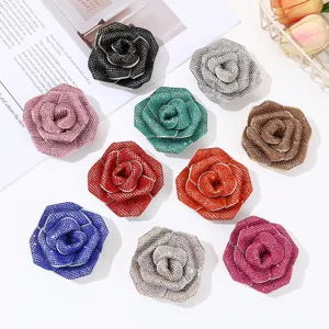 Handmade Retro Camellia Flower Brooch Rhinestone Ribbon Alloy Fashion Clothing Dress Accessories Elegant Jewelry Gift
