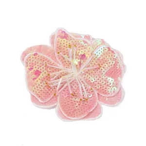 Exquisite pink sequined flower patch with beaded stamen, ideal for apparel decoration.