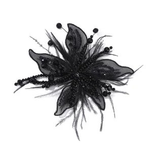 Flor de cristal con cuentas de pluma de organza negra accesorio de ropa DIY broche