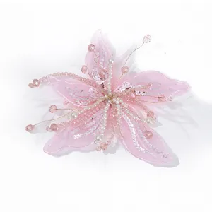 Flor de cristal con cuentas de pluma de organza rosa accesorio de prenda de vestir decoracion