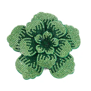 Double layer 3D green rhinestone camellia flower patch DIY clothing hat accessories.