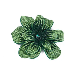 Green rhinestone flower brooch patch, sparkling crystal details for apparel DIY decor accessories.