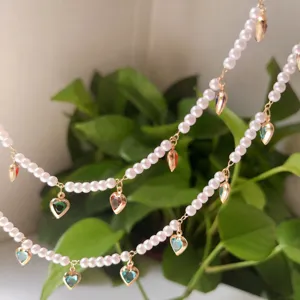 Pearl chain with crystal heart pendants detail shot for DIY handmade jewelry necklace accessories