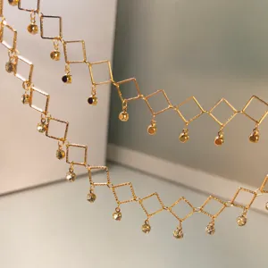 DIY gold-plated rhombus chain with hanging rhinestones for ancient Hanfu forehead decoration