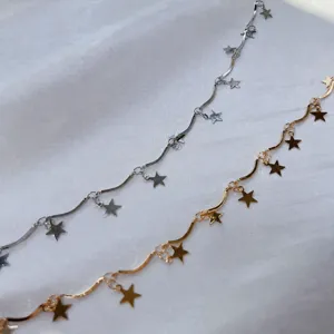 Copper star chain necklace with wavy bar charm, trendy sweet cool style jewelry for women.