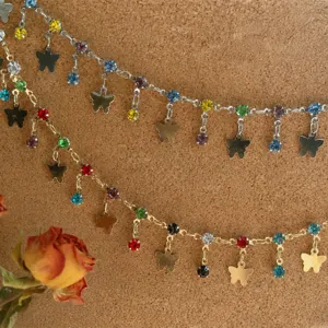 DIY jewelry accessories colorful rhinestone and smooth butterfly chain detail shot.