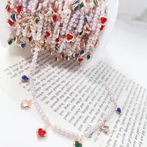 DIY pearl chain with colorful rhinestone heart charms, elegant court style handmade jewelry material.
