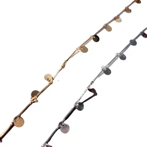 DIY metal chain jewelry accessory with hanging round discs, copper material, gold and silver colors.