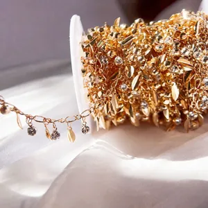 Gold rhinestone wheat leaf tassel chain DIY jewelry accessory for handmade crafts.