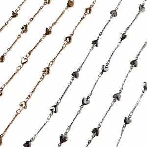 DIY metal heart chain jewelry making material, straight stick and cute heart links, gold silver