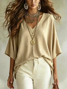 Femme décontracté ample uni col en V t-shirt automne mode élégant haut confortable.