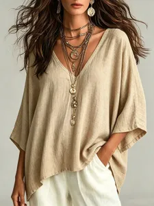Femme Automne Casual Ample Col V Couleurunie Lin T-Shirt Élégant Confortable Blouse