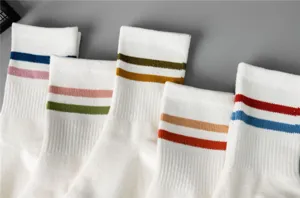 Women mid tube white cotton socks with cute two color stripes Korean style breathable casual wear