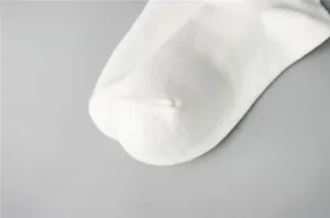 Close-up detail of soft breathable white cotton women socks fabric texture and fine toe stitching.