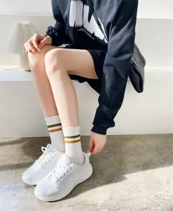 Spring solid color women socks double stripe Korean style mid tube breathable athletic socks
