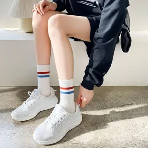 Spring autumn solid women socks two stripe Korean style mid tube breathable athletic fashion