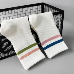 Women's white crew socks with double colored stripes, casual breathable athletic cotton socks.