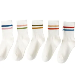 Women white crew socks with double stripes athletic casual cotton breathable daily wear soft feet