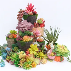 Detailed view of colorful artificial succulent plants and flower heads for home decor.