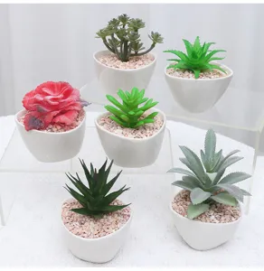 Plantas suculentas artificiales en maceta de cerámica blanca para decoración del hogar.