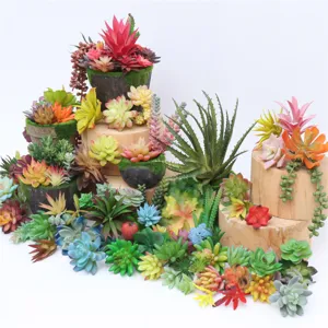 Detailed view of assorted artificial succulent plants and flower heads for home decor.