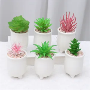 Set of 6 mini artificial succulent plants in white ceramic pots for indoor home decor display.