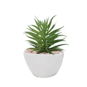 Planta suculenta artificial en maceta de cerámica blanca, ideal para escritorio y hogar.