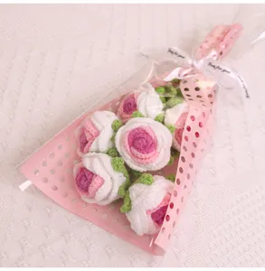 Handcrafted crochet rose bouquet romantic gift pink knitted flowers for valentines day packaging