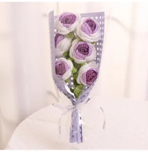 Handmade crochet rose bouquet detail, purple knitted flower gift for Valentine's Day decor.